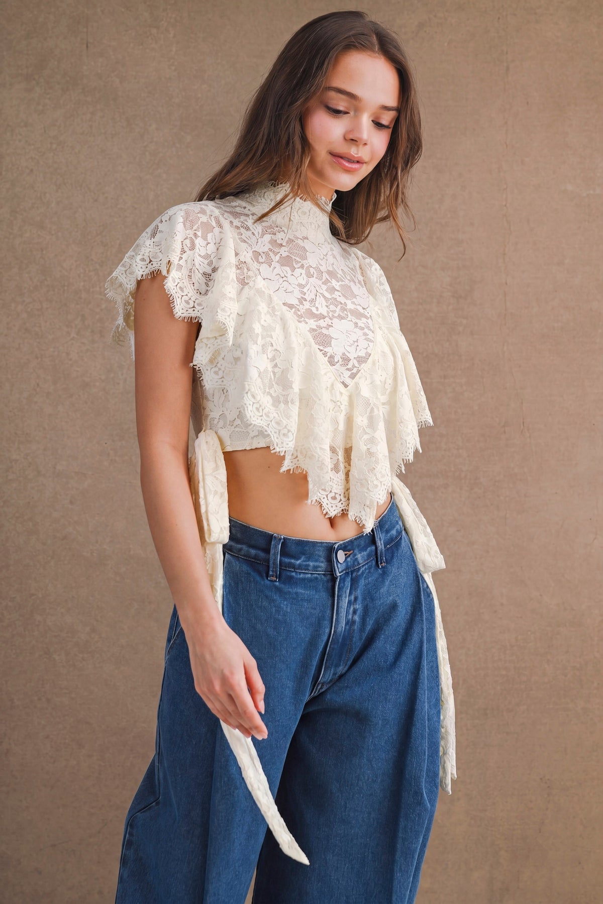 Sheer Floral Lace Mock Neck Layered Ruffles Cropped Blouse