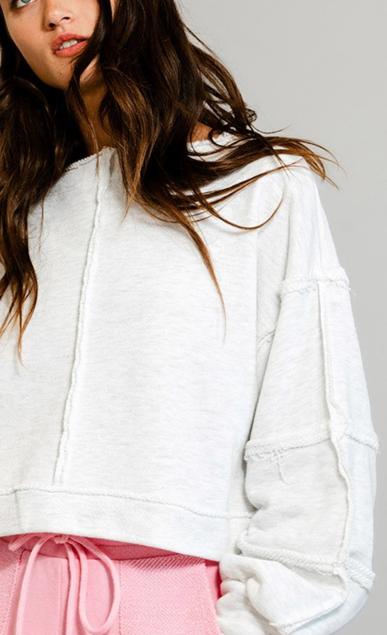 Raw-edge Detail Solid Terry Crop Pullover Top