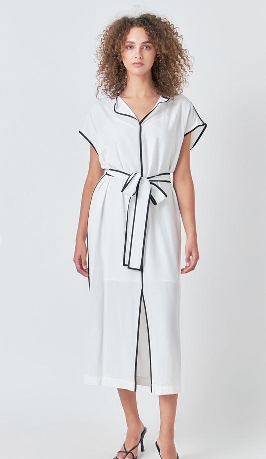 Contrast Binding Belted Midi Dress