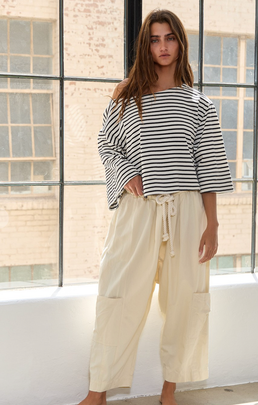 Boat Neck Oversized Striped Crop Tee