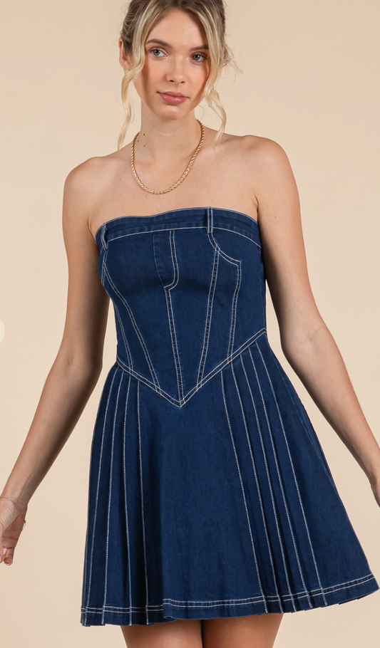 Denim Pleated Tube Mini Dress