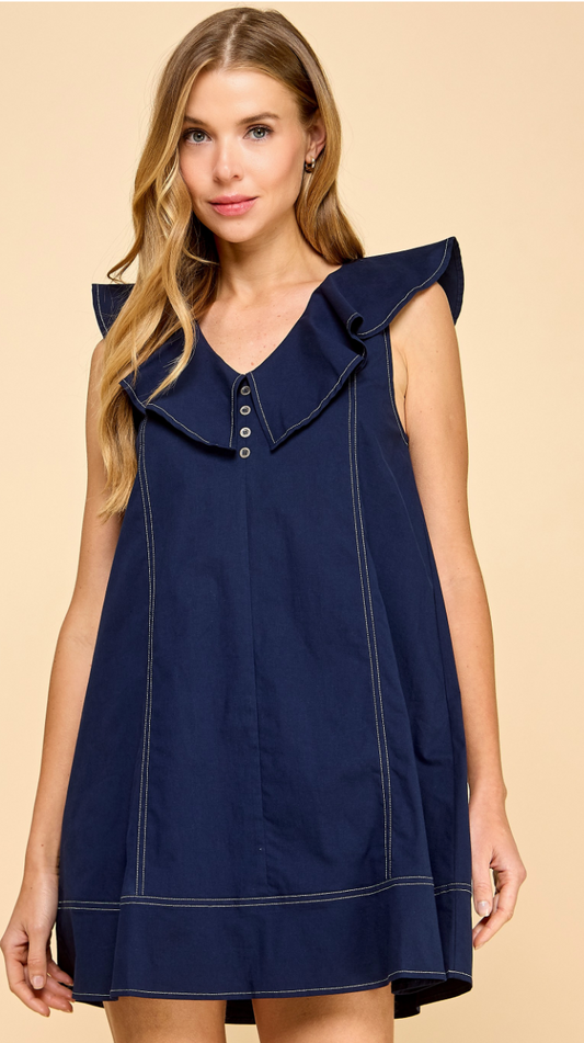 Ruffled V-Neck Contrast Stitch Dress