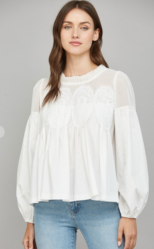 Lace Applique Long Sleeve Blouse