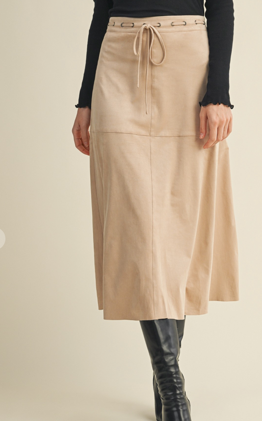 Drawstring Suede A-Line Skirt