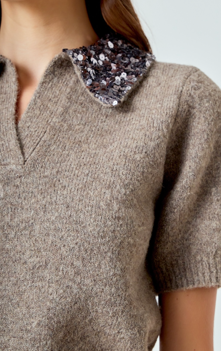 Sequin Collar Knit Top