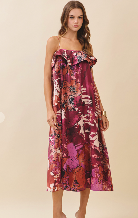 Floral Ruffle Neckline Midi Dress