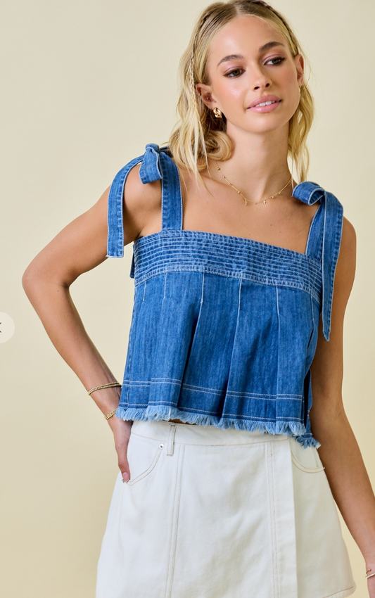 Pleated Denim Crop Top