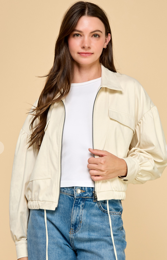 Zipper Front Drop Shoulder Drawstring Jacket
