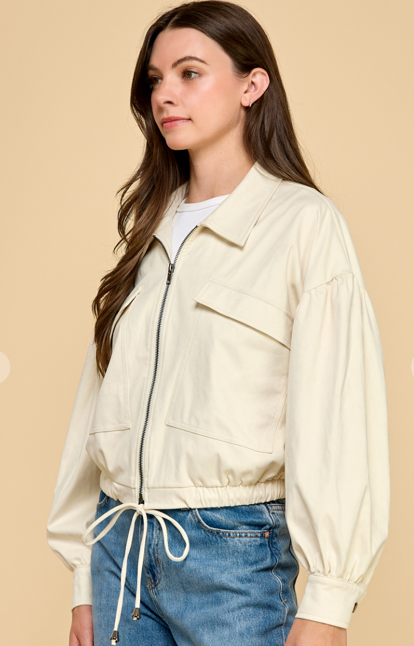 Zipper Front Drop Shoulder Drawstring Jacket