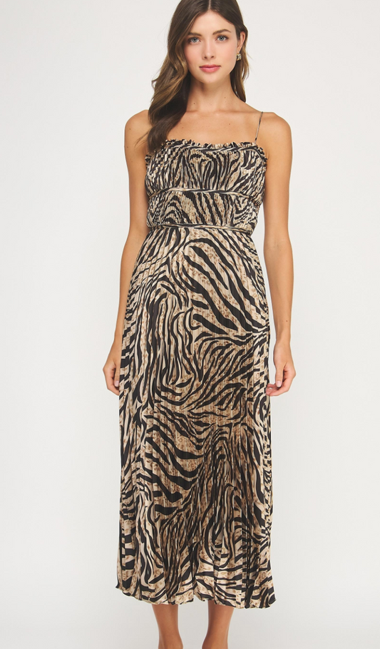 Zebra Print Pleated Satin Midi Dress
