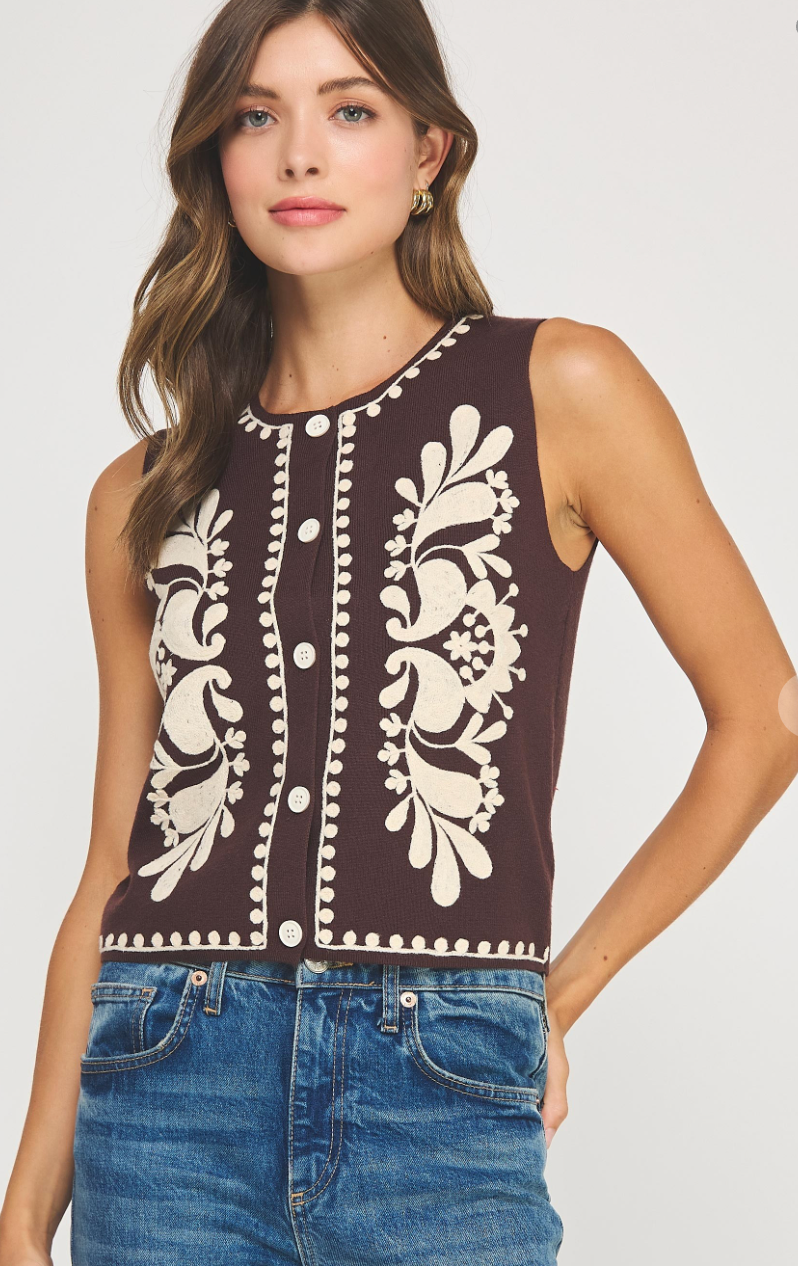 Embroidered Sleeveless Knit Vest