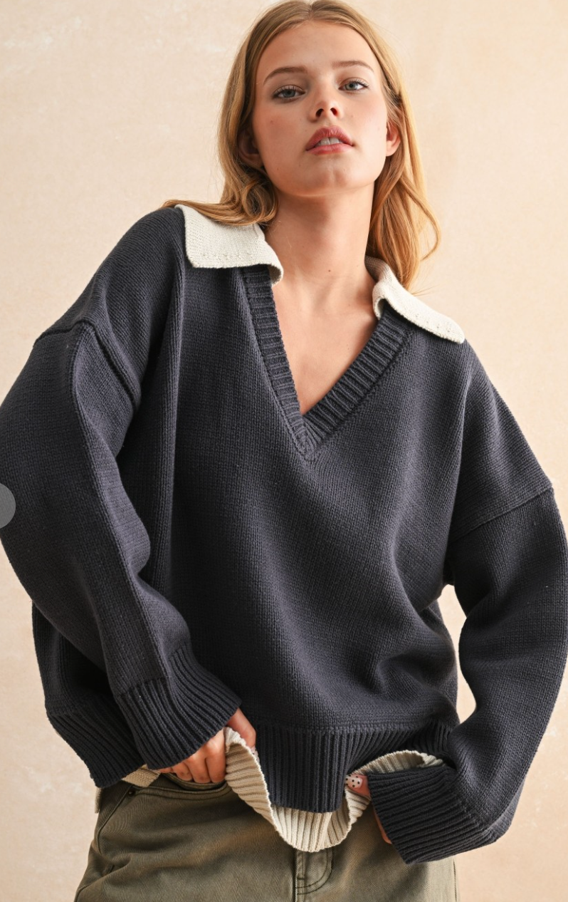 Color Combo V Neck Sweater