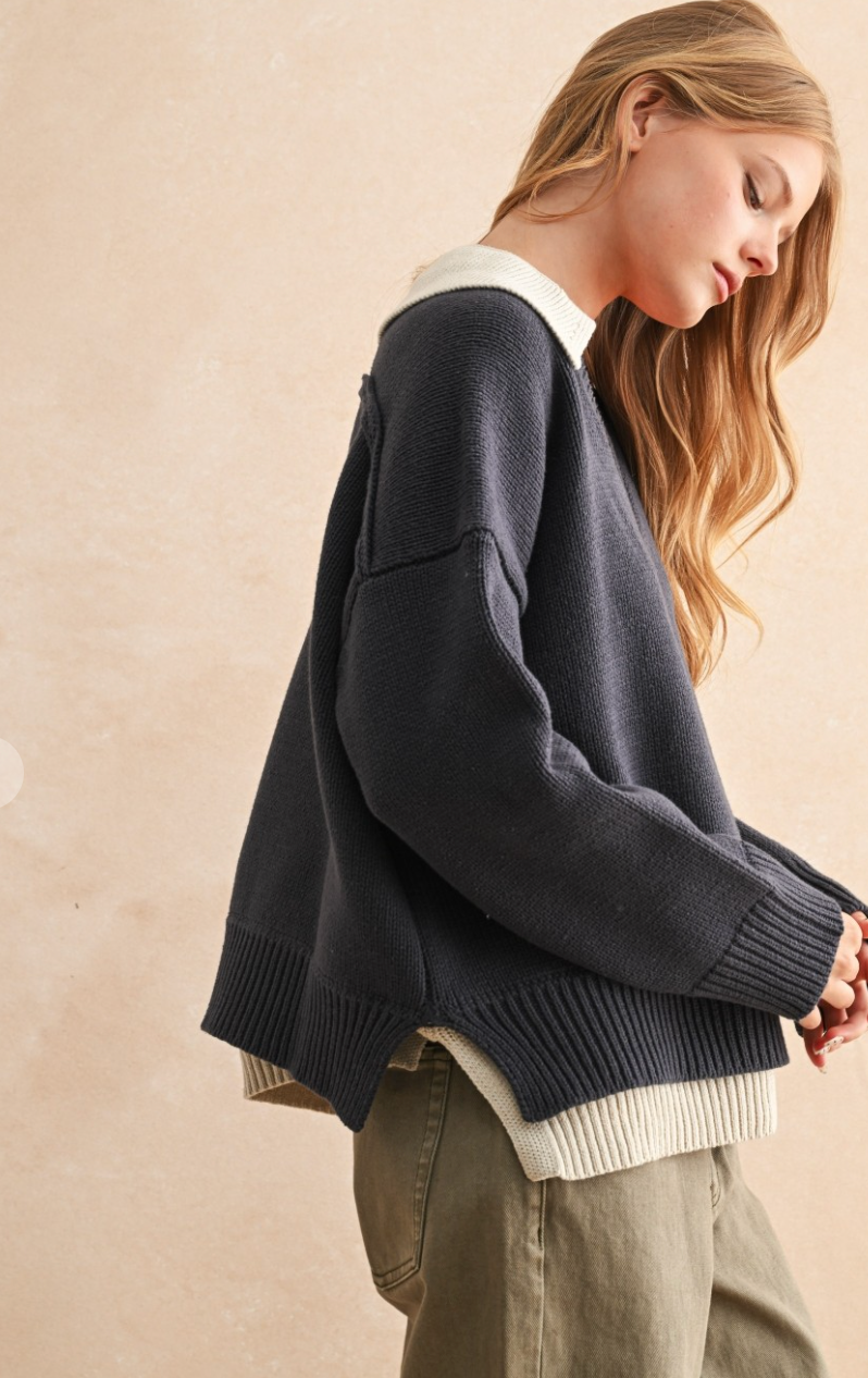 Color Combo V Neck Sweater