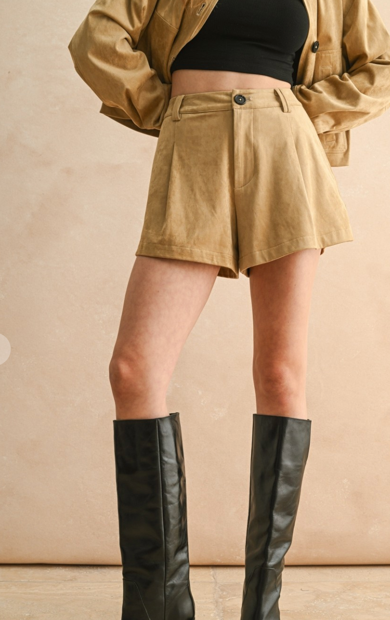 Pleated Suede Shorts