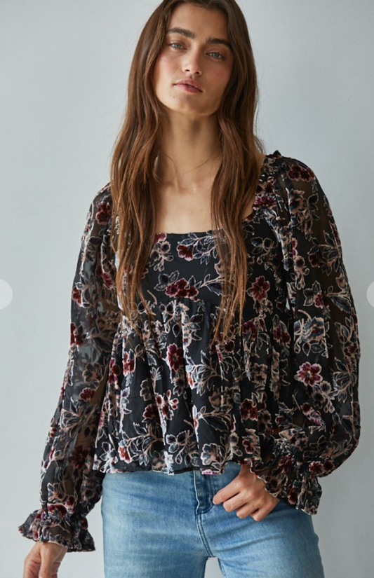 Velvet Floral Square Neck Top