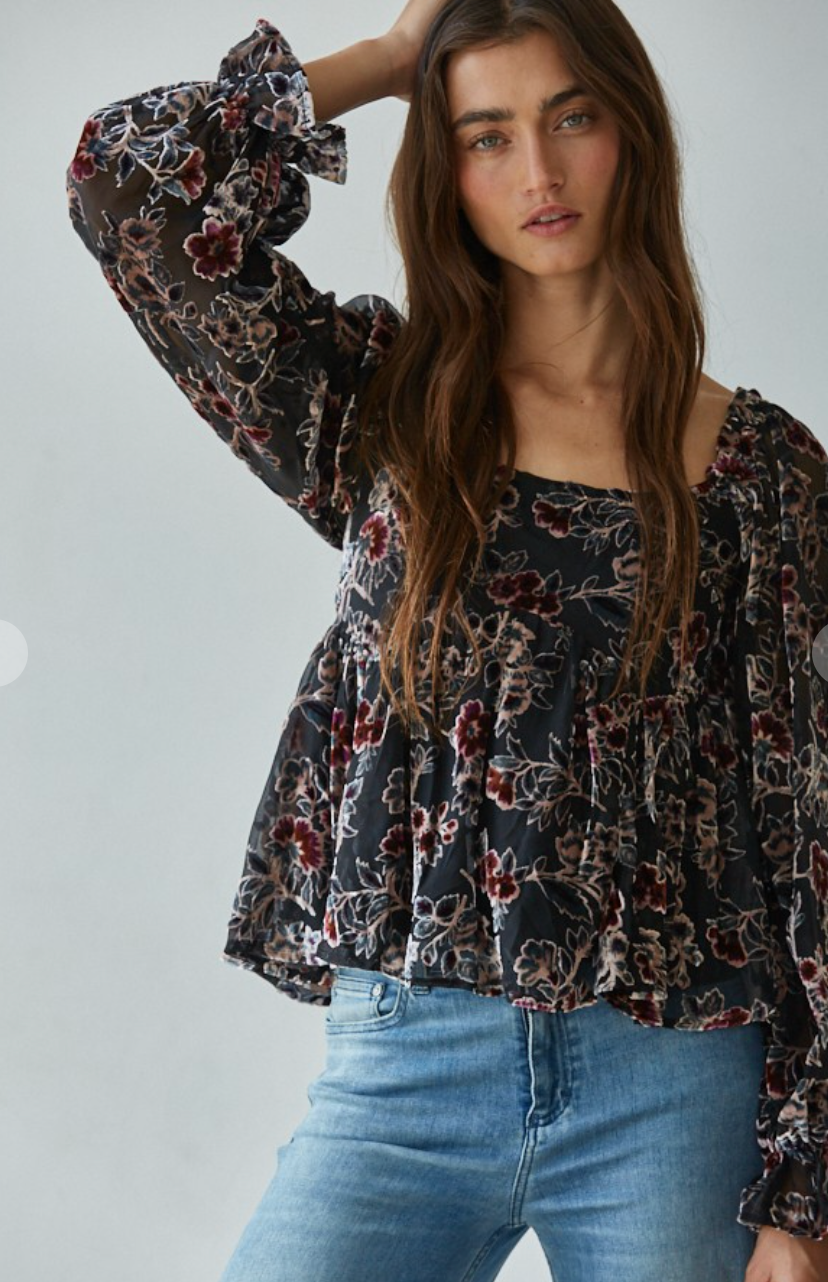 Velvet Floral Square Neck Top