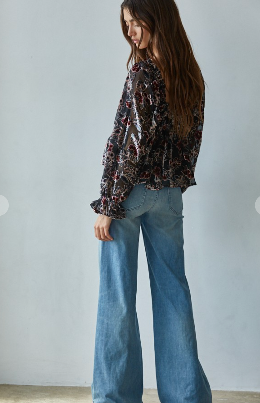 Velvet Floral Square Neck Top