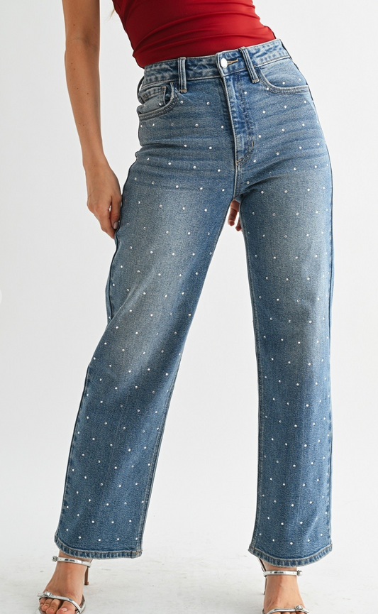 Rhinestone High Rise Vintage Straight Leg Jeans
