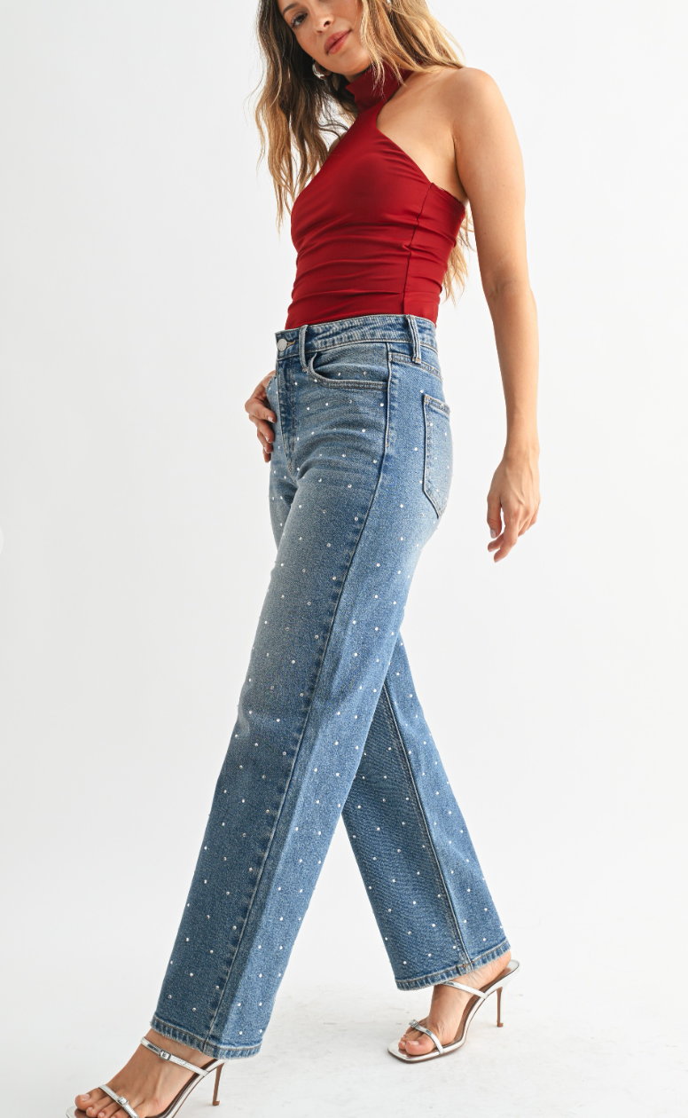 Rhinestone High Rise Vintage Straight Leg Jeans