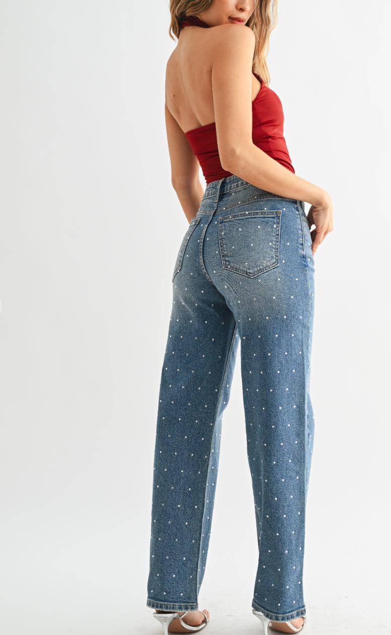 Rhinestone High Rise Vintage Straight Leg Jeans