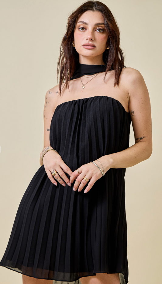 Pleated Sleeveless Tie Neck Mini Dress