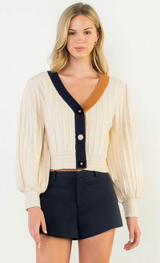 Balloon Sleeve Colorblock Cardigan