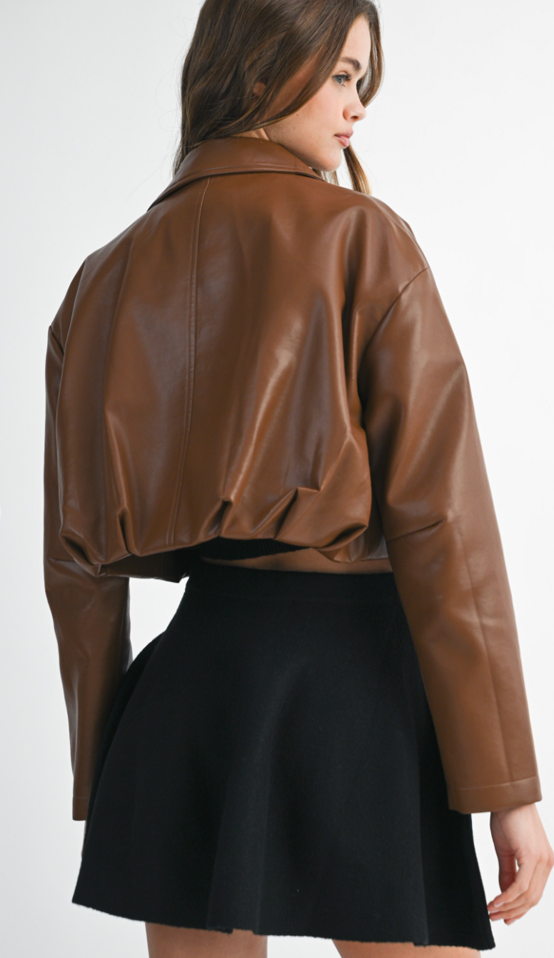Faux Leather Crop Bubble Hem Jacket
