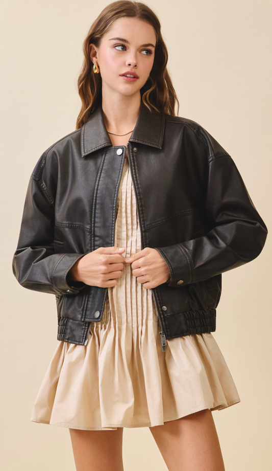 Faux Leather Snap Cuff Jacket