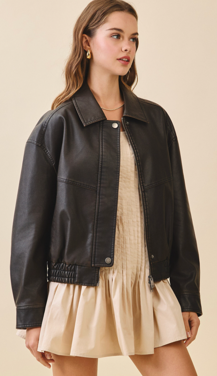Faux Leather Snap Cuff Jacket