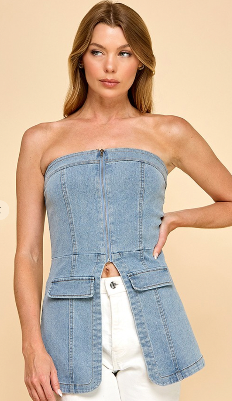 Denim Zipper Closure Tube Top