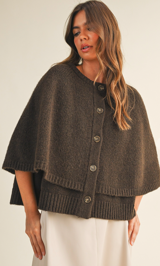 Button Closure Sweater Cape Cardigan