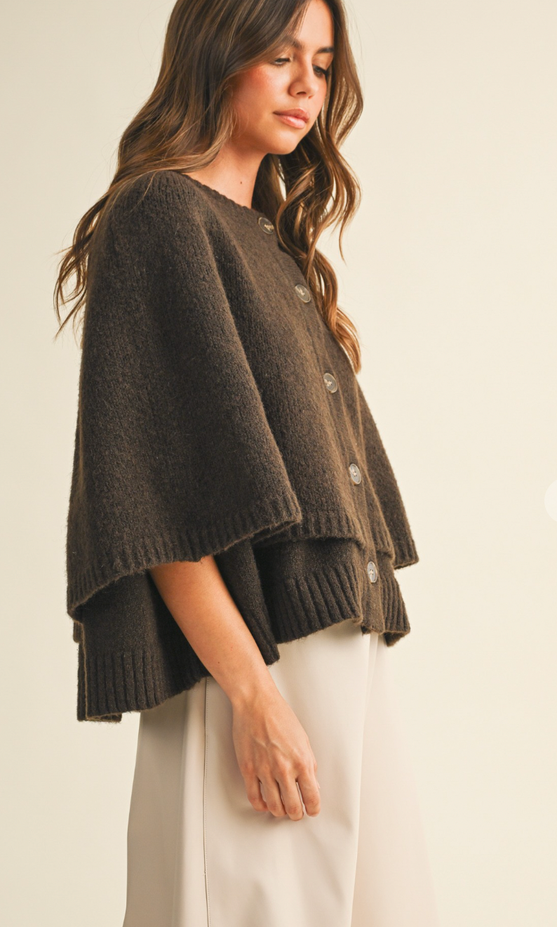 Button Closure Sweater Cape Cardigan