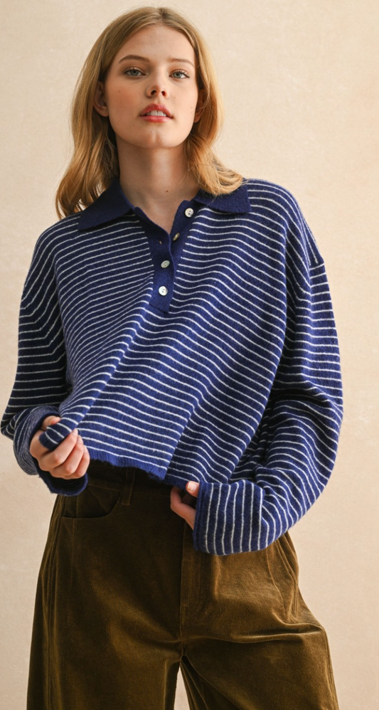 Collared Stripe Knit Sweater