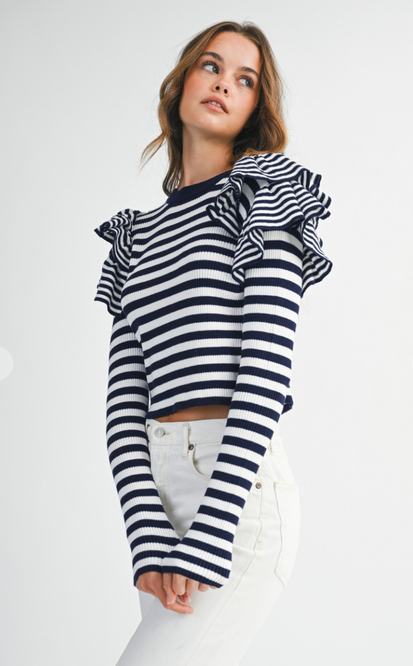Striped Knit Ruffle Top