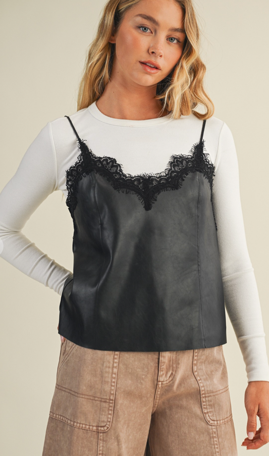 Lace Trimmed Leather Cami Top