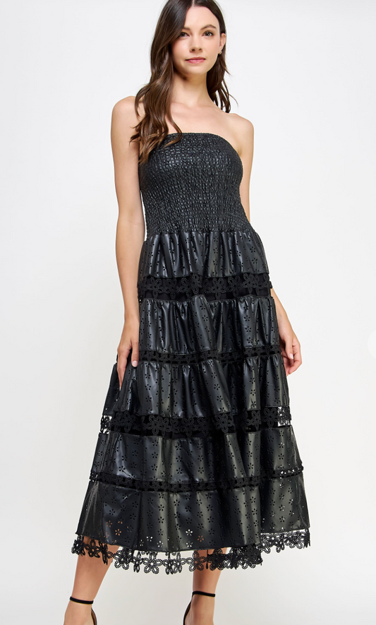 Eyelet Faux Leather Midi Dress