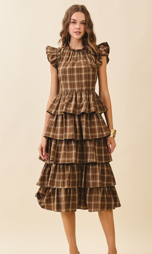 Plaid Cap Sleeve Midi Dress