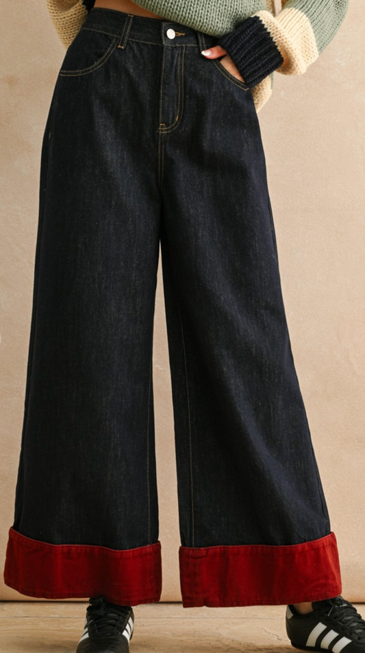 Wide Leg Contrast Cuffed Pants