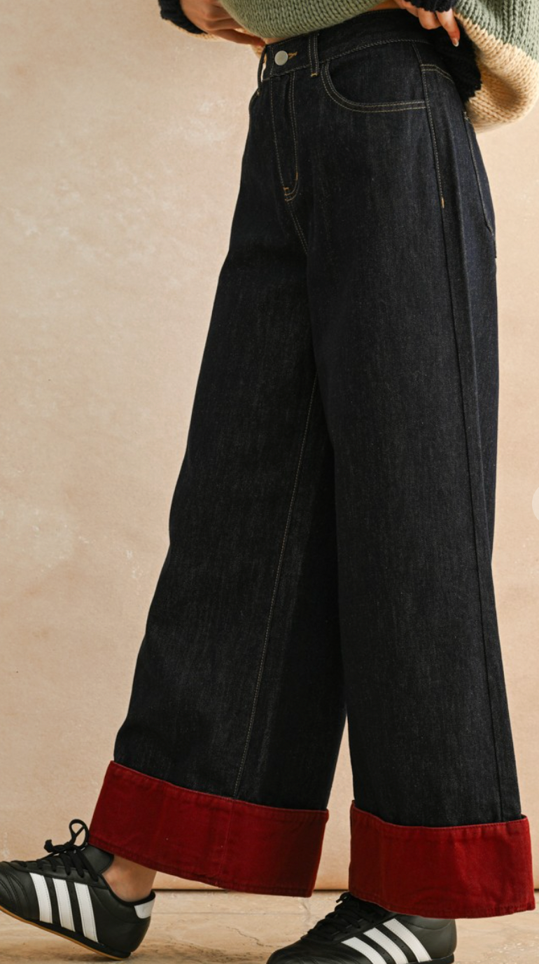 Wide Leg Contrast Cuffed Pants