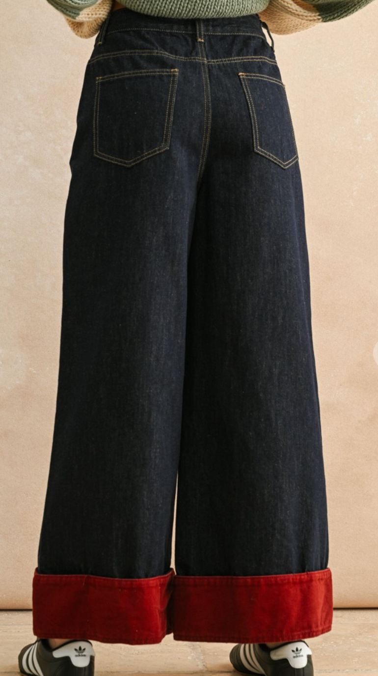 Wide Leg Contrast Cuffed Pants