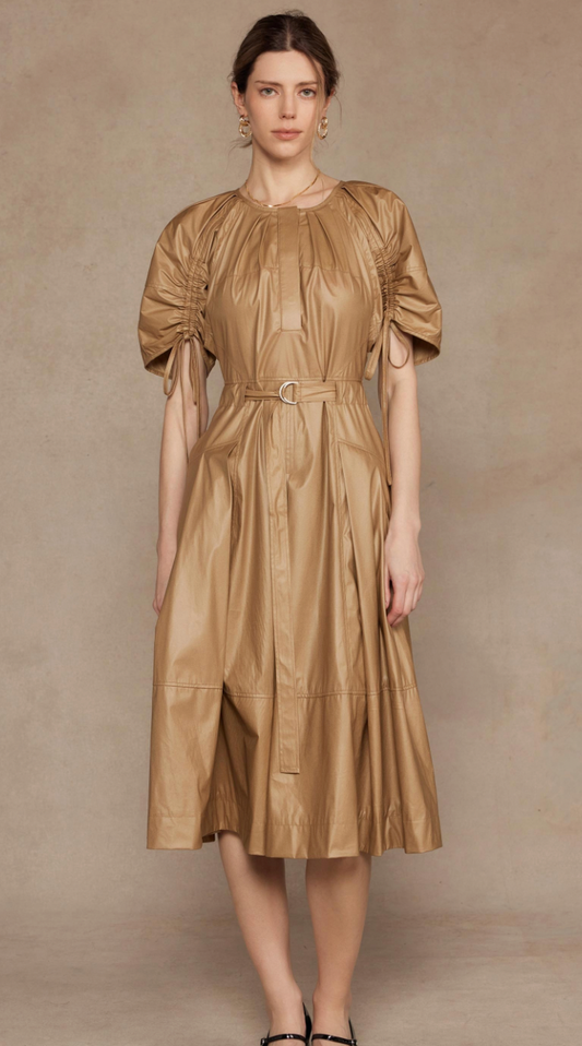 Belted Faux Leather Midi Dress