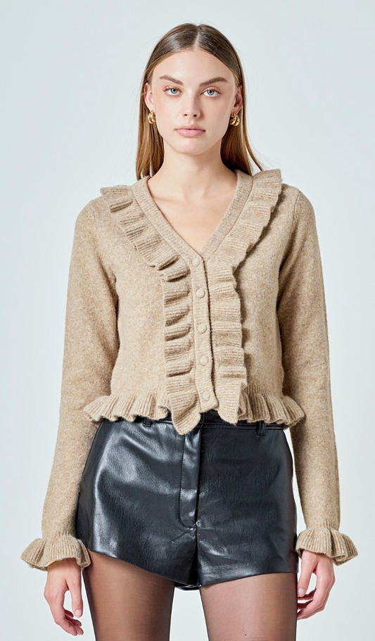 Ruffled V Neck Cardigan