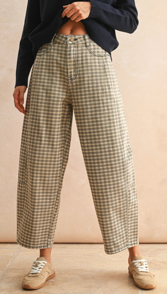 Mini Checker Pattern Barrel Pants