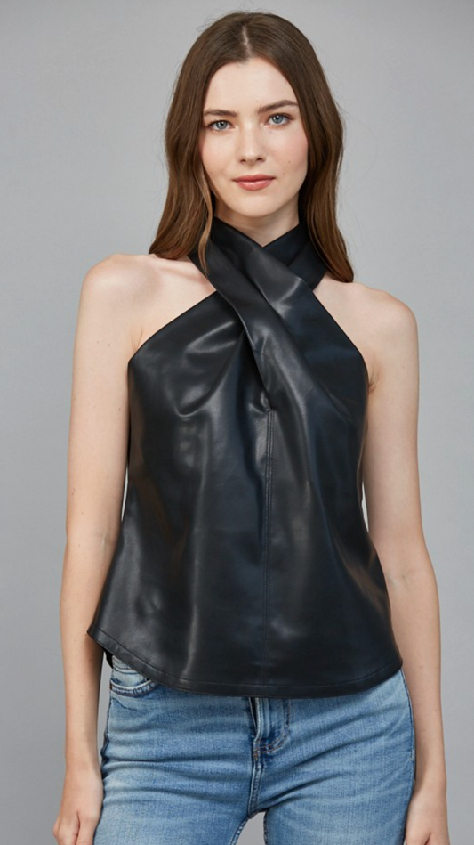 Faux Leather Cross Neck Top