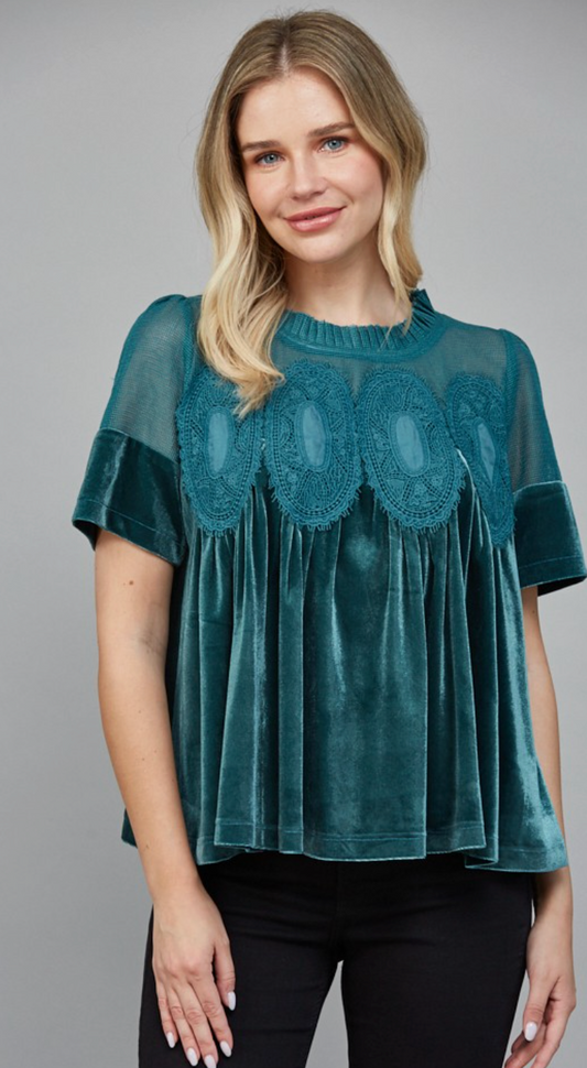 Velvet Lace Detail Babydoll Top