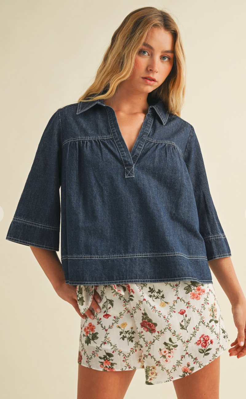 V Neck Denim Swing Top