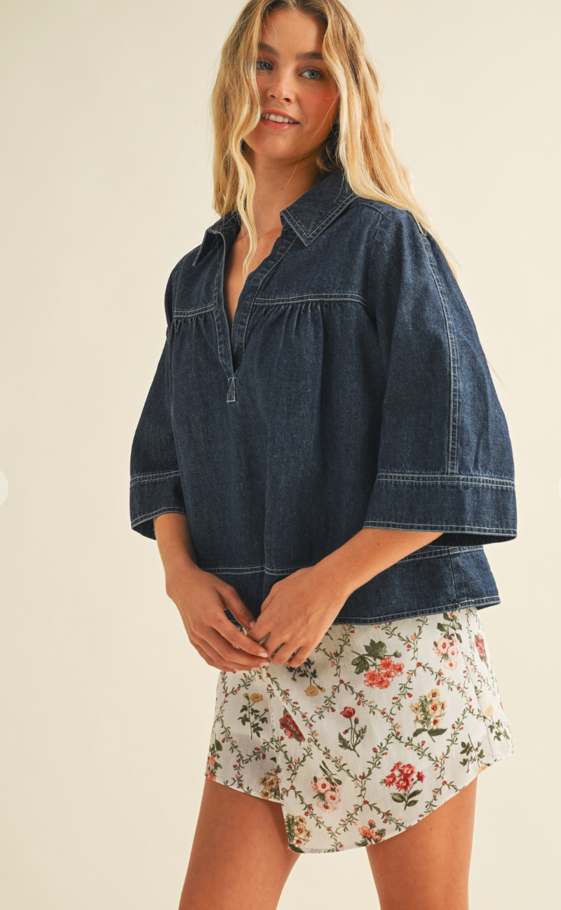 V Neck Denim Swing Top