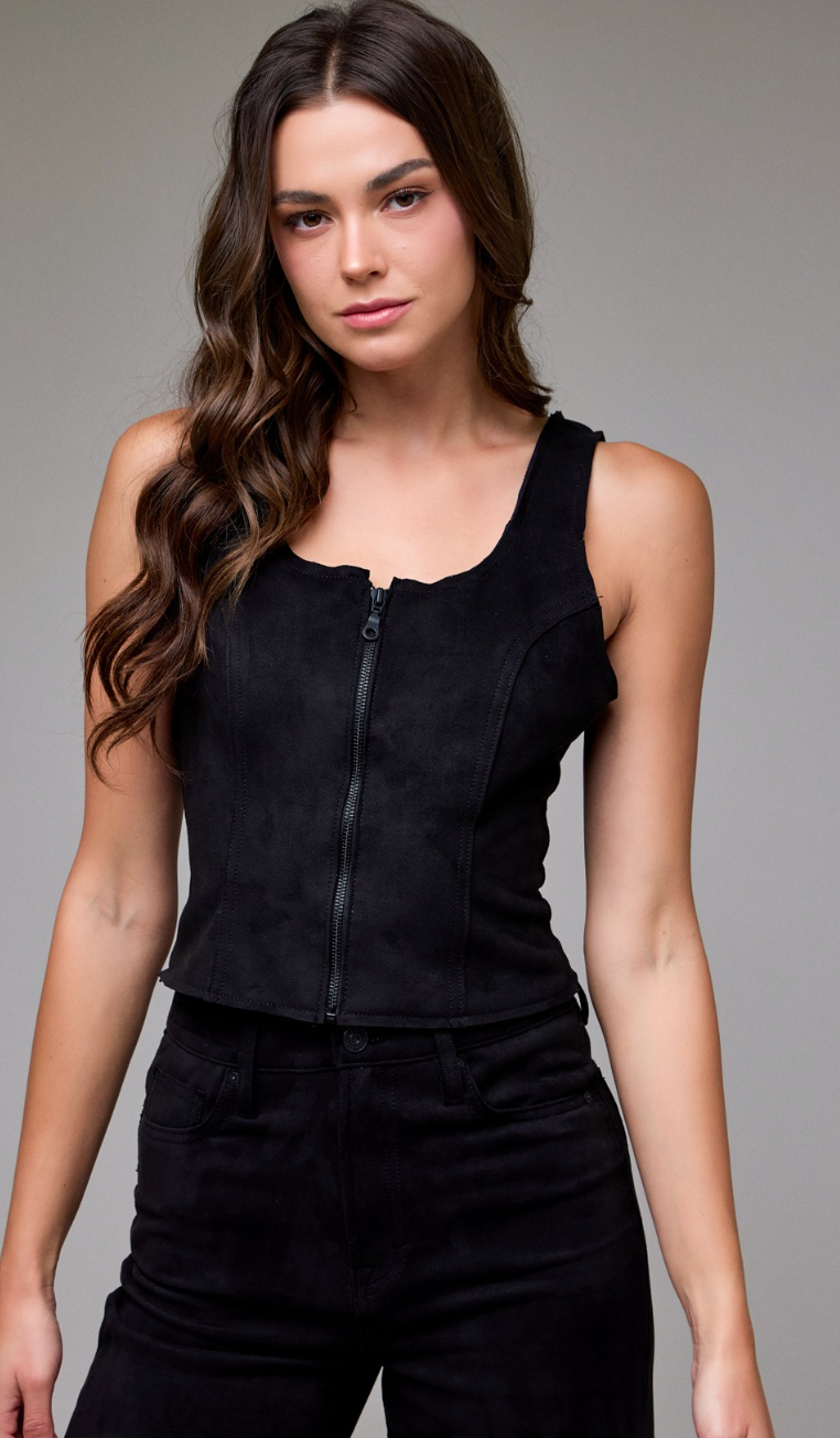 Suede Bodycon Front Zipper Top