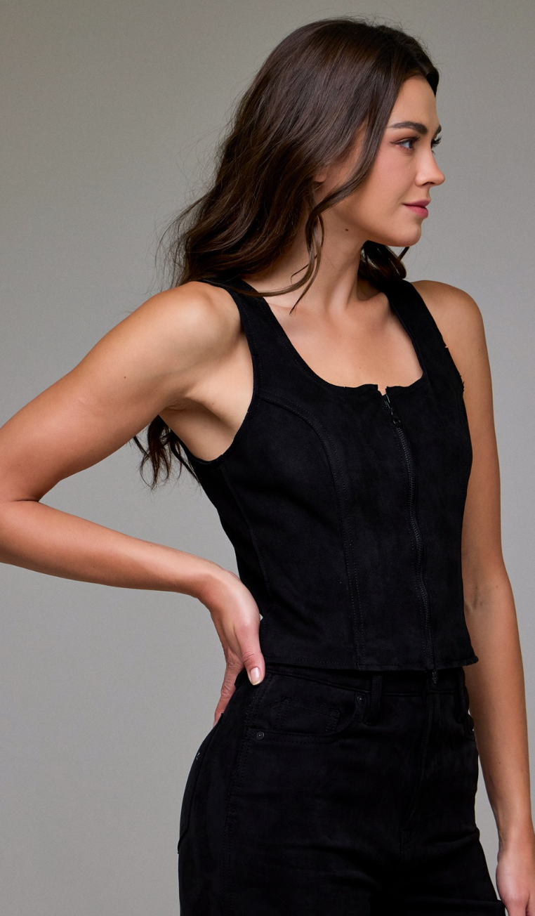 Suede Bodycon Front Zipper Top