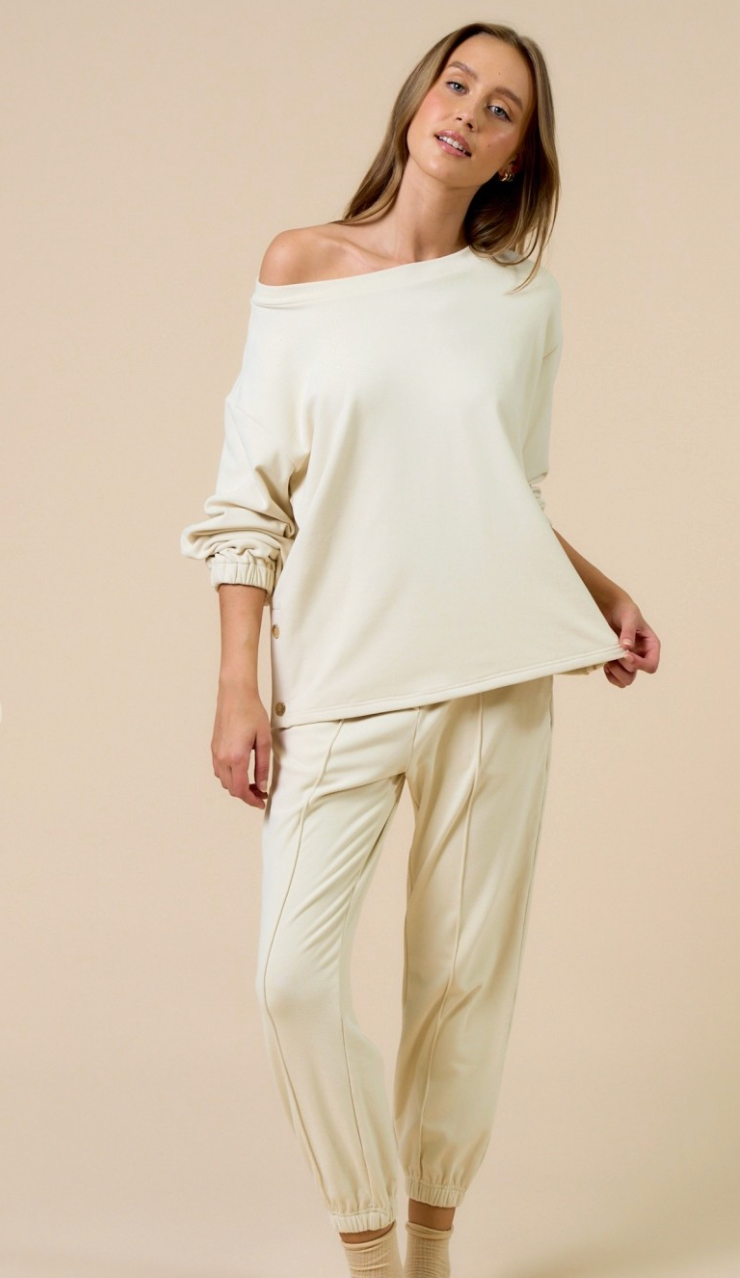 Off The Shoulder Button Detail Crewneck